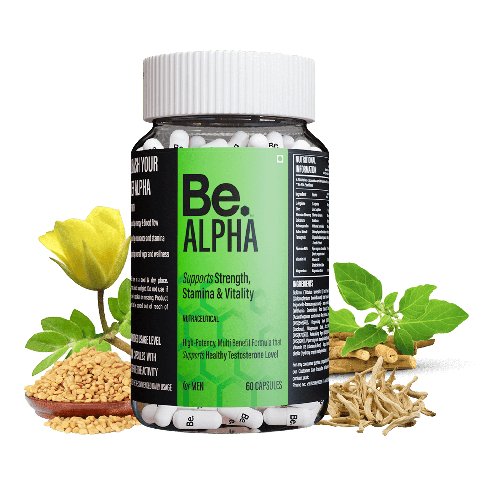 Be. Alpha Supplement Bottle With Ingredients