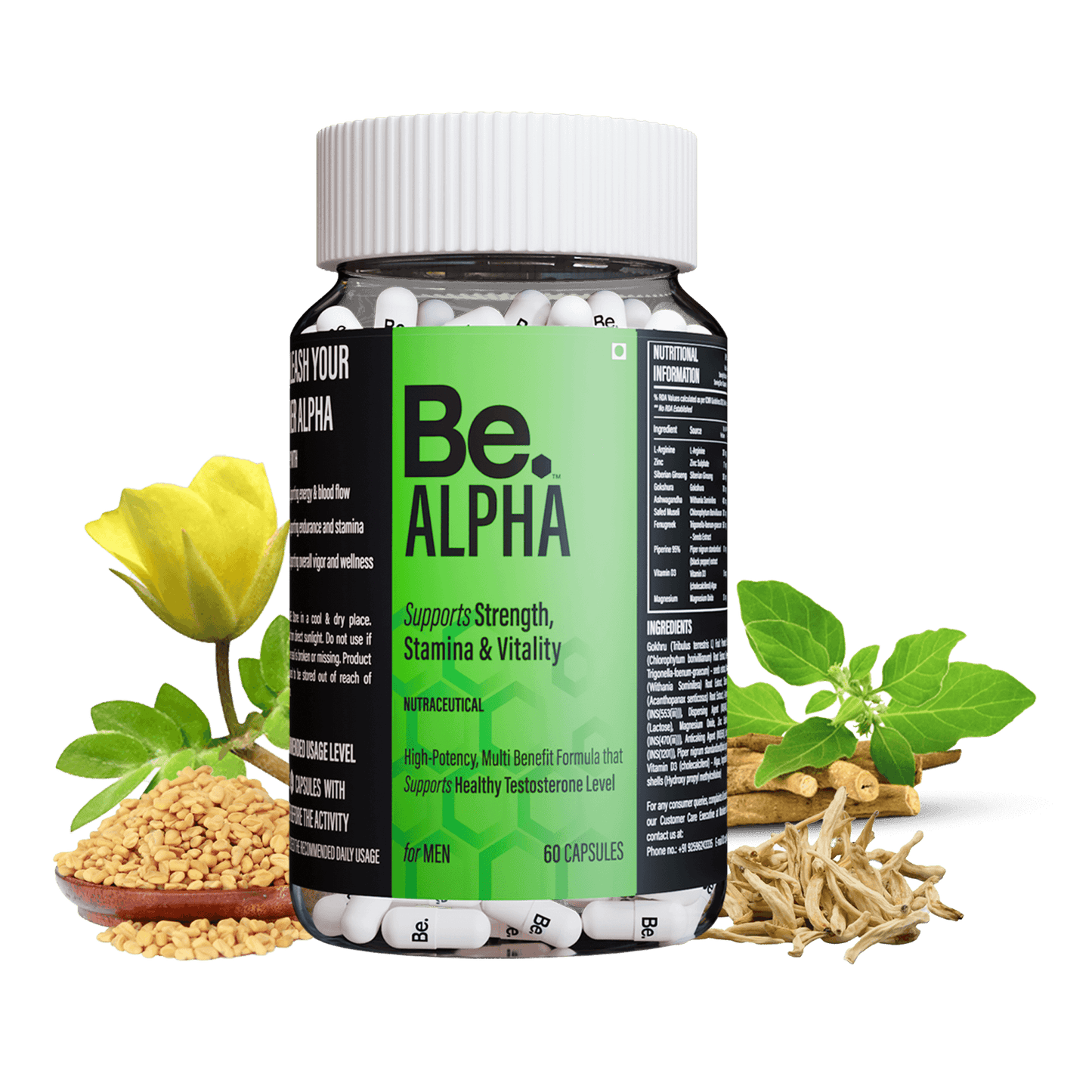 Be. Alpha Supplement Bottle With Ingredients